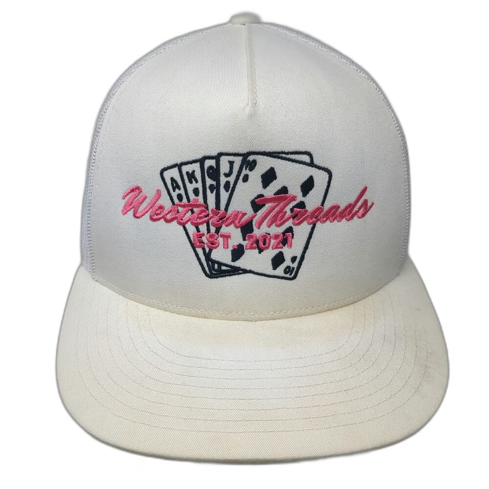 Western Threads White Trucker Hat One Size Playing Cards Mesh Snapback Flat Brim